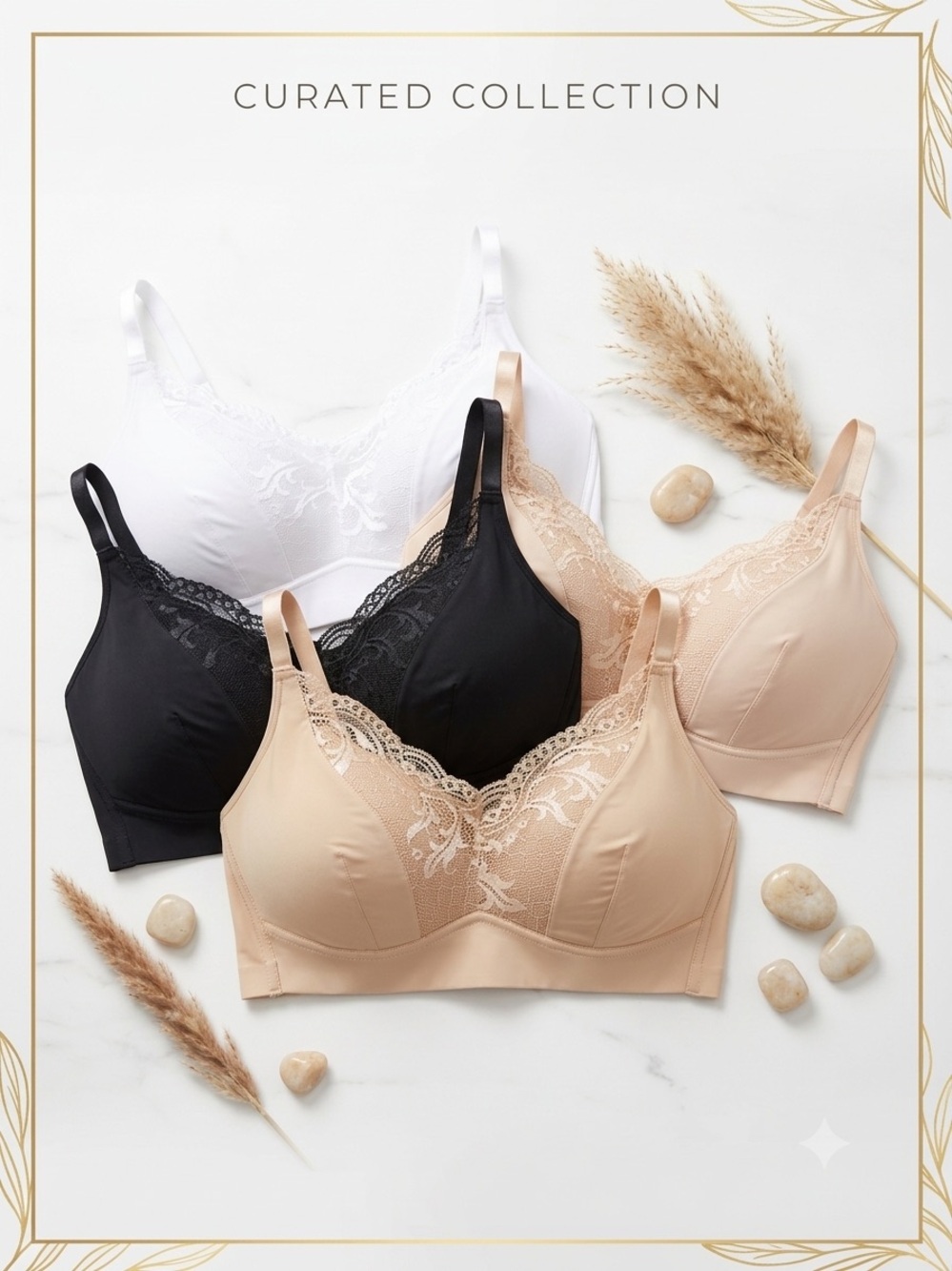 Rhonda Shear Lace-Trim Bra in White, Black & Nude and Sand Four Pack